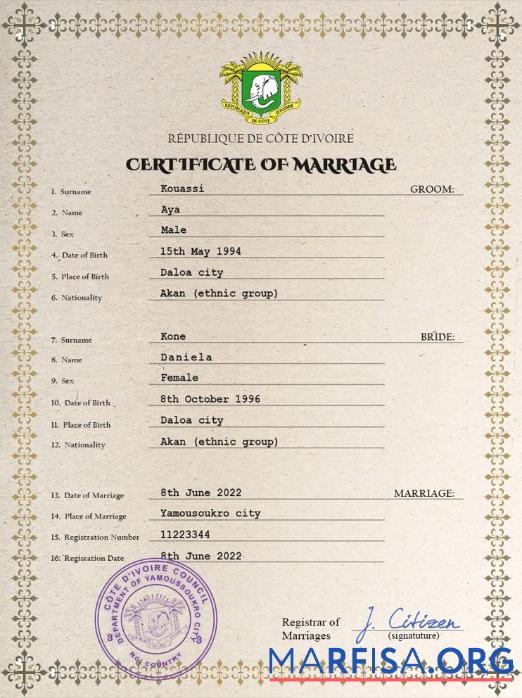 Printable Côte d’Ivoire marriage certificate PSD template